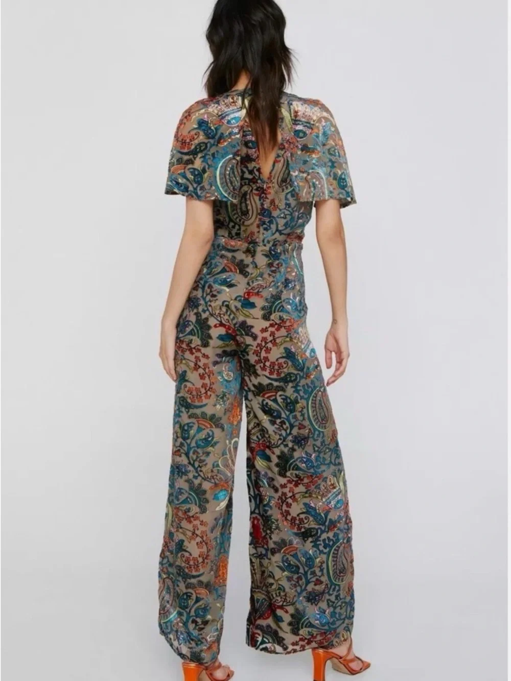Nasty Gal Paisley Devore Angel Sleeve Jumpsuit - Picture 2 of 4